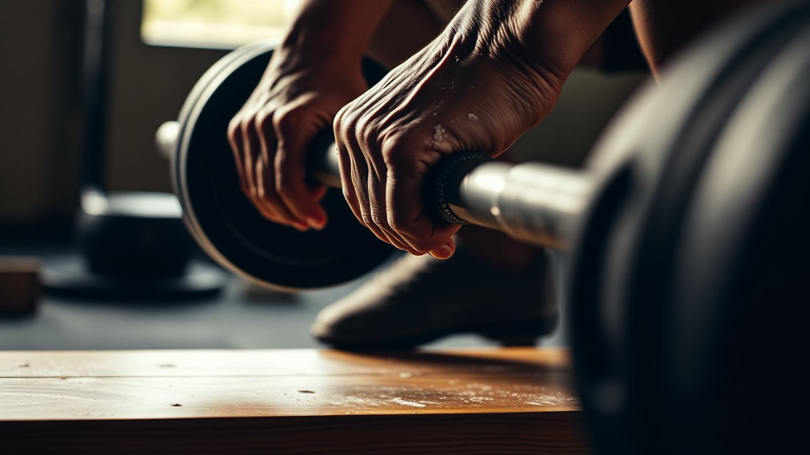 Chalked hands gripping a loaded barbell on a wooden platform