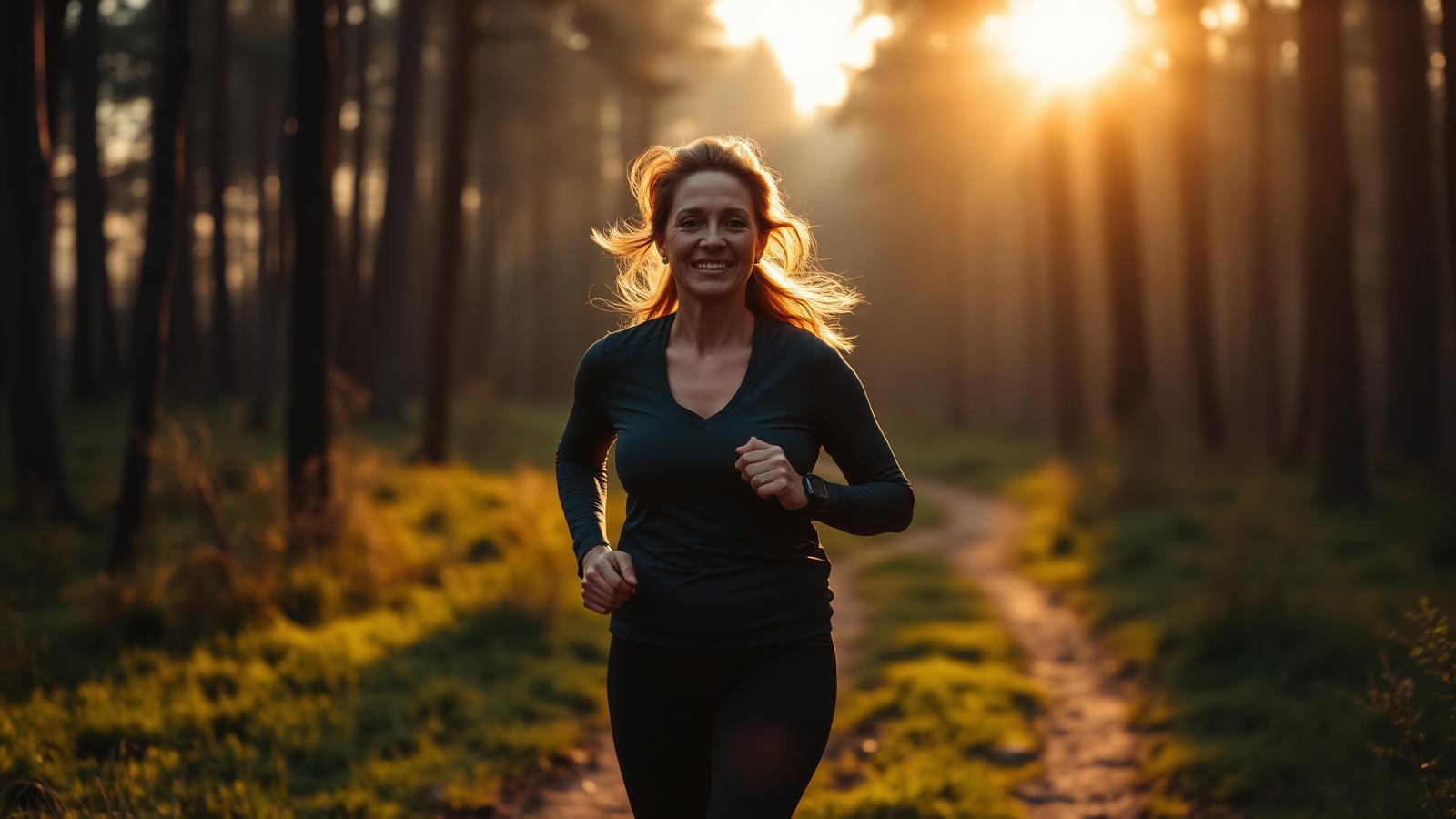 Woman running on a forest trail at golden-hour sunrise