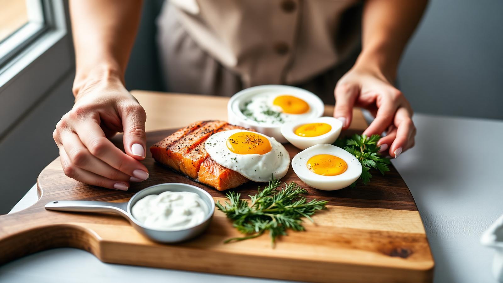 High-protein meal prep — salmon, eggs and Greek yogurt on a wooden board