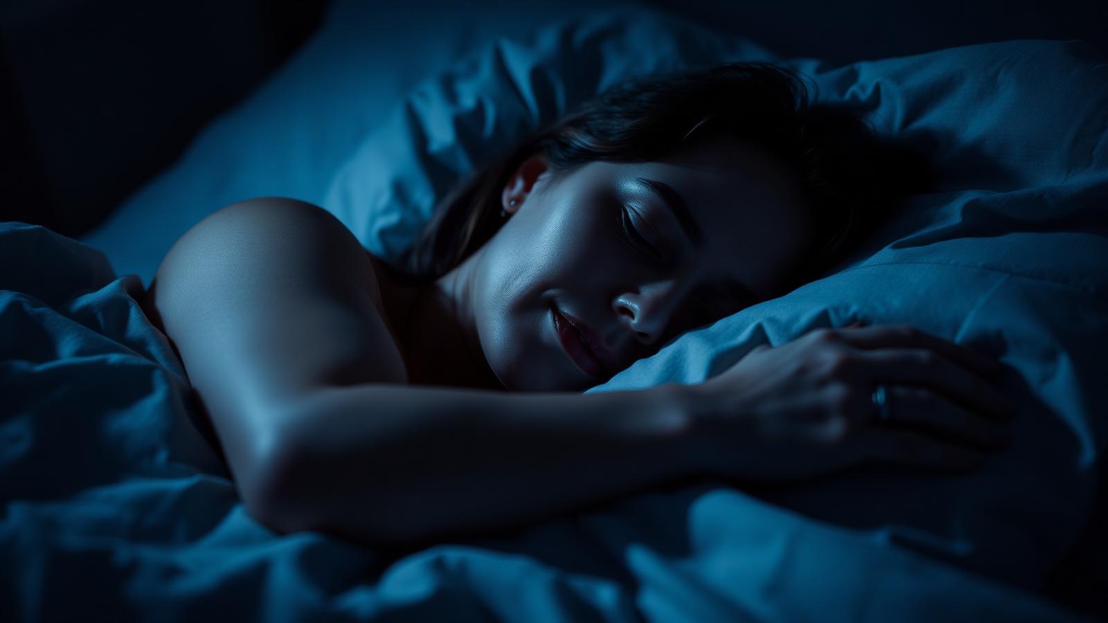 Woman sleeping peacefully in dim pre-dawn light, smartwatch on wrist