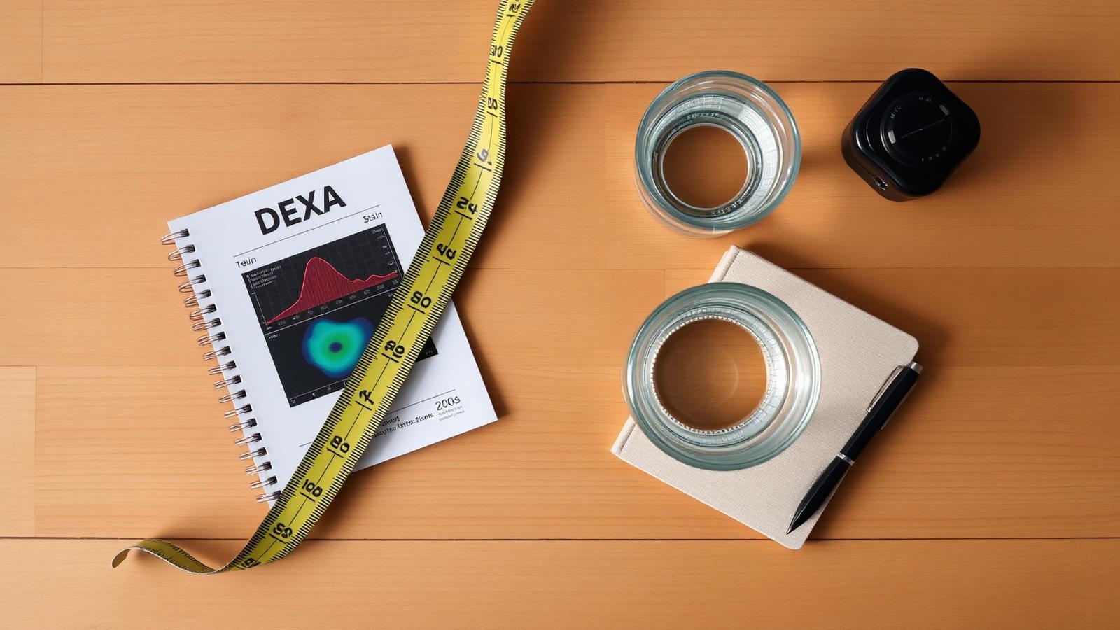 Overhead flat-lay of a DEXA scan printout, tape measure and notebook