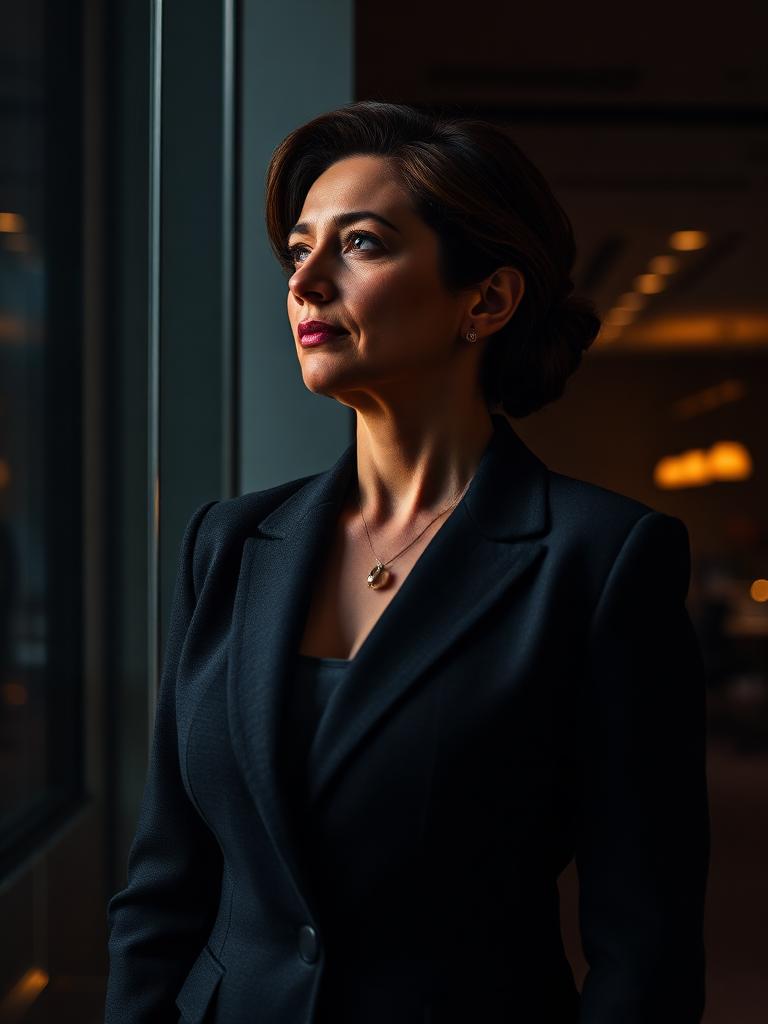 Woman executive in a modern office at dusk