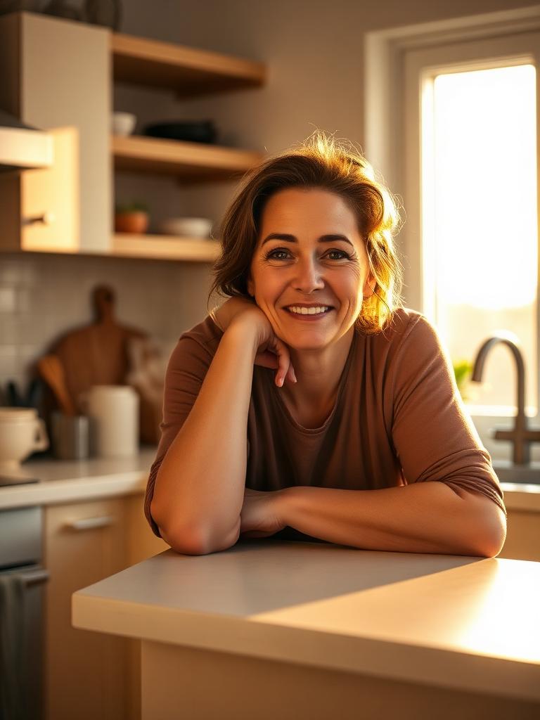 Woman leaning on a kitchen counter at golden hour